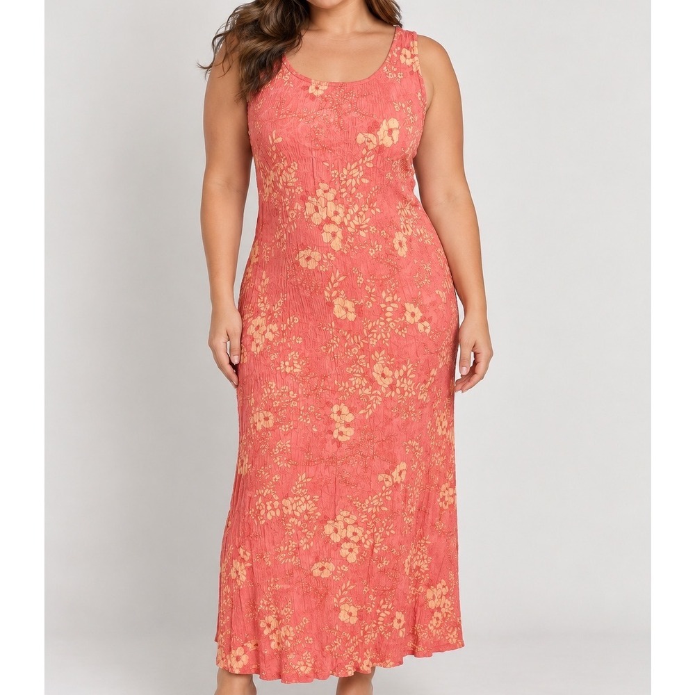 Vintage 90s Floral Maxi Dress 12P Coral Crinkle Stretch Cottagecore Boho USA